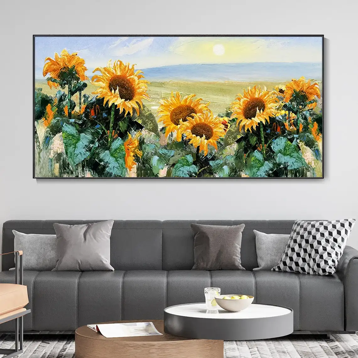 

Sunrise Sunflower Field Hand Painted Oil PaintingOn Canvas Vibrant Yellow Floral Textured Wall Art Rustic Landscape Painting Art