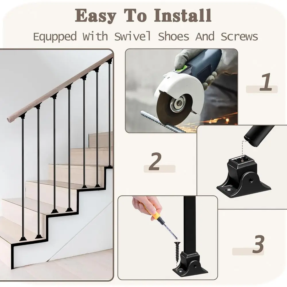 مجموعة من 30 حلقة حديدية مستقيمة مجوفة باللون الأسود غير اللامع، 1/2 × 44 لحاجز الدرج مع 60 حذاء دوار