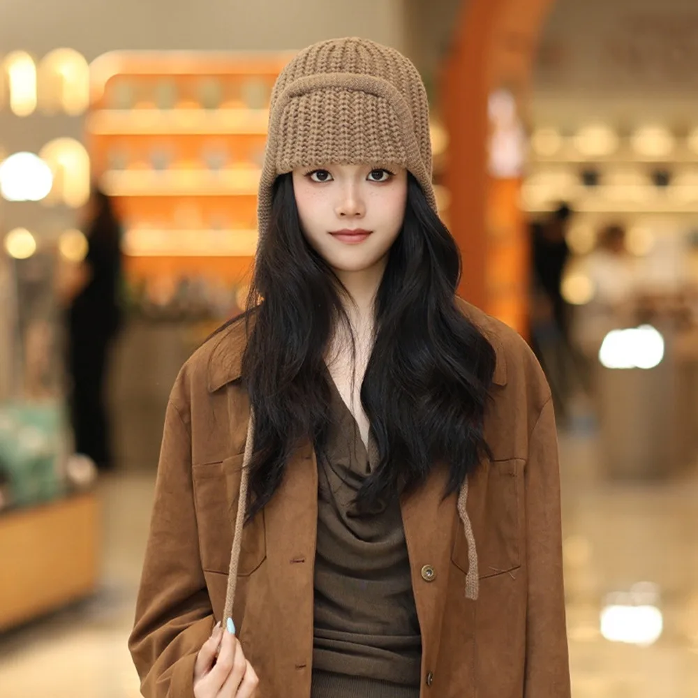 

Fashion Solid Color Knitted Flying Cap Thickened Windproof Beanies Cap Keep Warm Winter Drawstring Hat Outdoor Cycling