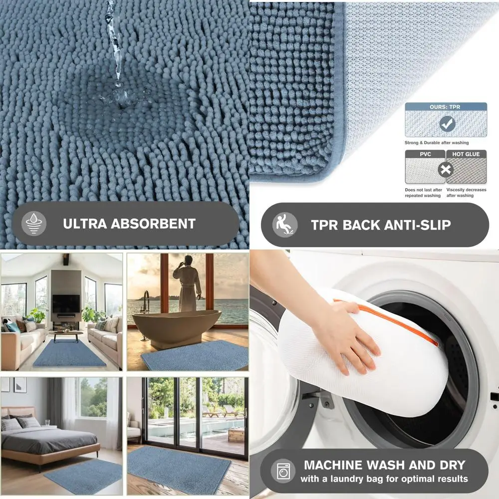 

Очень большой впитывающий коврик для ванной из шенилла 36x60 дюймов с нескользящей основой для ванной комнаты и душа (синий)