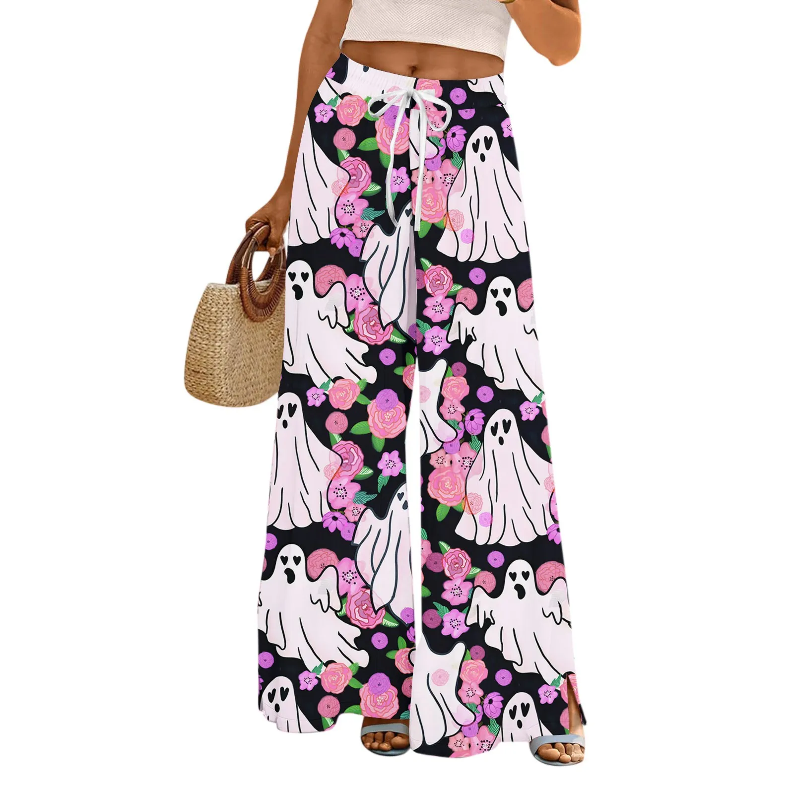 여성 바지 포켓이있는 넓은 다리 바지 캐주얼 바지 인쇄 된 탄성 허리 운동복 Pantalones De Mujer Cargo Pants Women