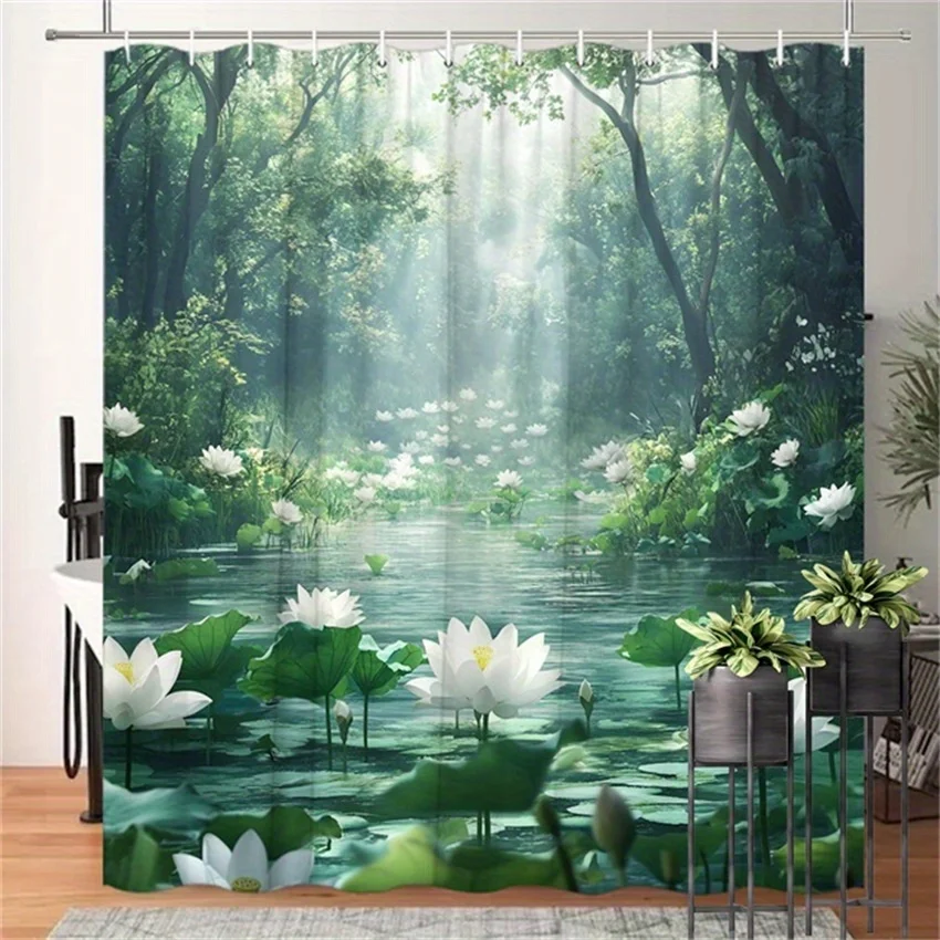 Serene Forest Pond Shower Curtain - Water Lilies, Polyester, Washable, 12 Hooks, 70.8x70.8 Inches, Nature Theme Bathroom Decor