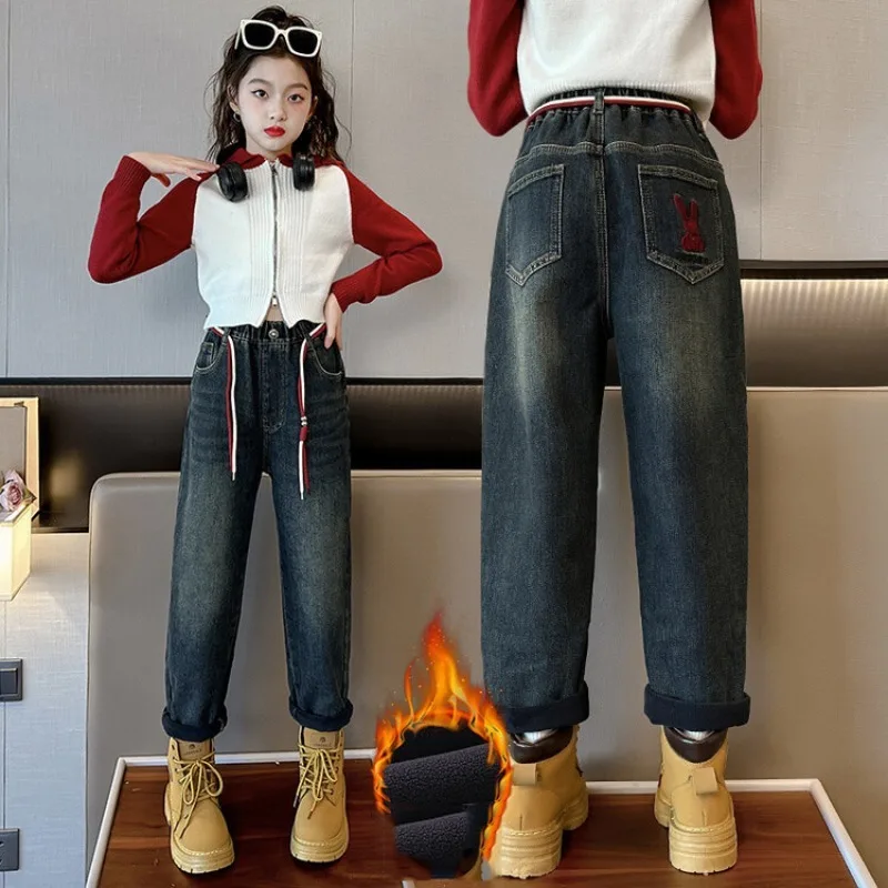 Winter 4-14 Jahre Mädchen Jeans UNITIM Fleece Dicke Kinder Mädchen Denim Hosen mit Liebe-Tasche Teenager Mädchen Integrierte Gerade Hosen – Detail 5