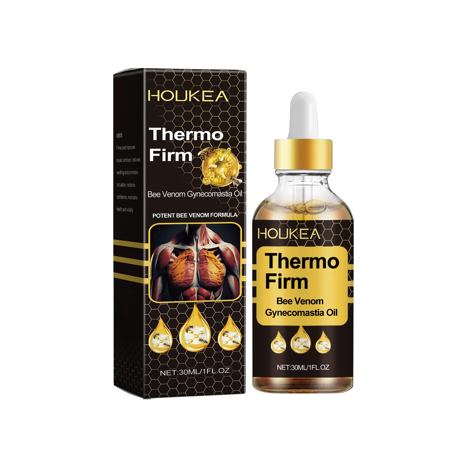 Houkea Bee Venom Men's Chest Care Oil for Firming Contours Chest Firming Massage Serum Chest Firming Oil