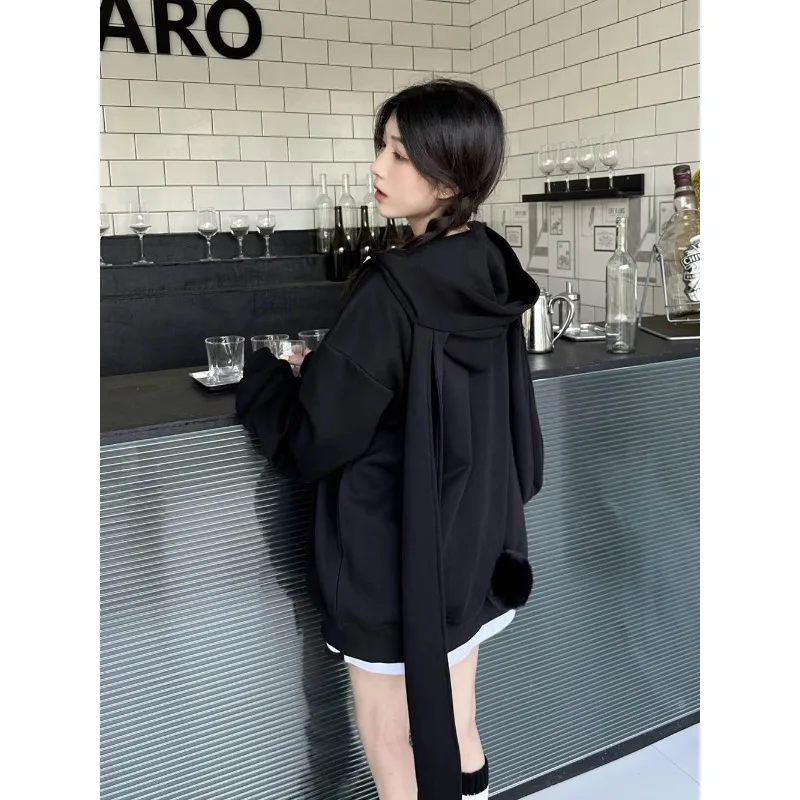 Damska kurtka z kapturem w stylu koreańskim, urocza, luźna, średniej długości, na wiosnę i jesień 2025, odzież damska.