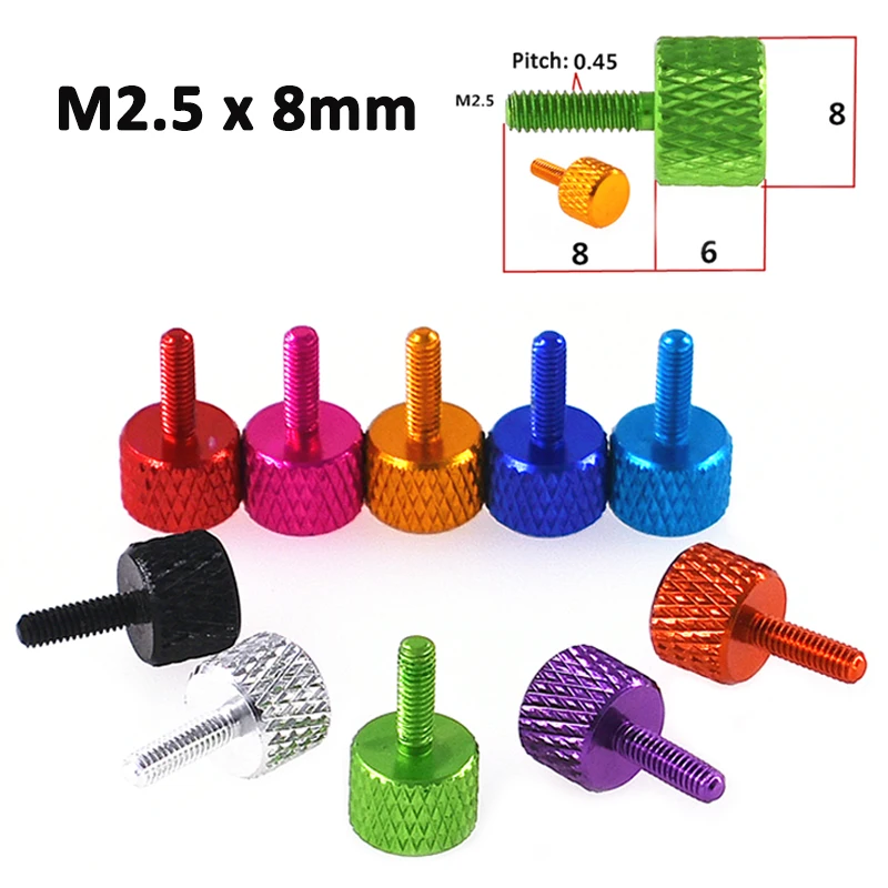 

2-10pcs M2.5x8mm Aluminum Alloy Knurled Hand Tighten Thumb Screw Hand Grip Knob Thumbscrews Bolt Anodized DIY Modification