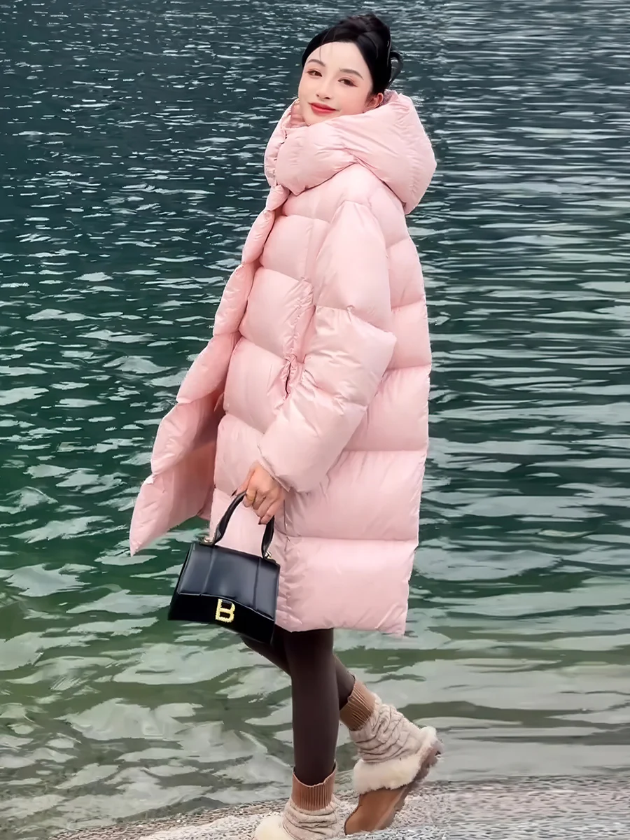 Pink Hooded Mid-Length Puffer Jaet Women's Winter 2025 90 White Du down Loose Thiened Warm Bread Sle Casual Faion