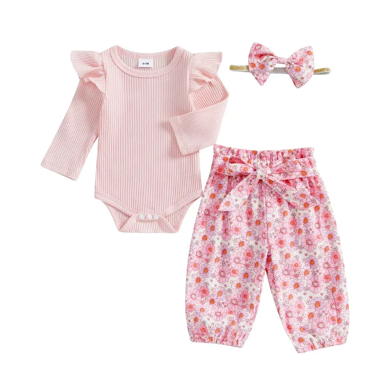 SUNSIOM 3PCS Baby Girl Fall Outfit Ruffle Long Sleeve Ribbed Romper Elastic Waist Pants with Fixed Belt Bow Headband Clothes Set