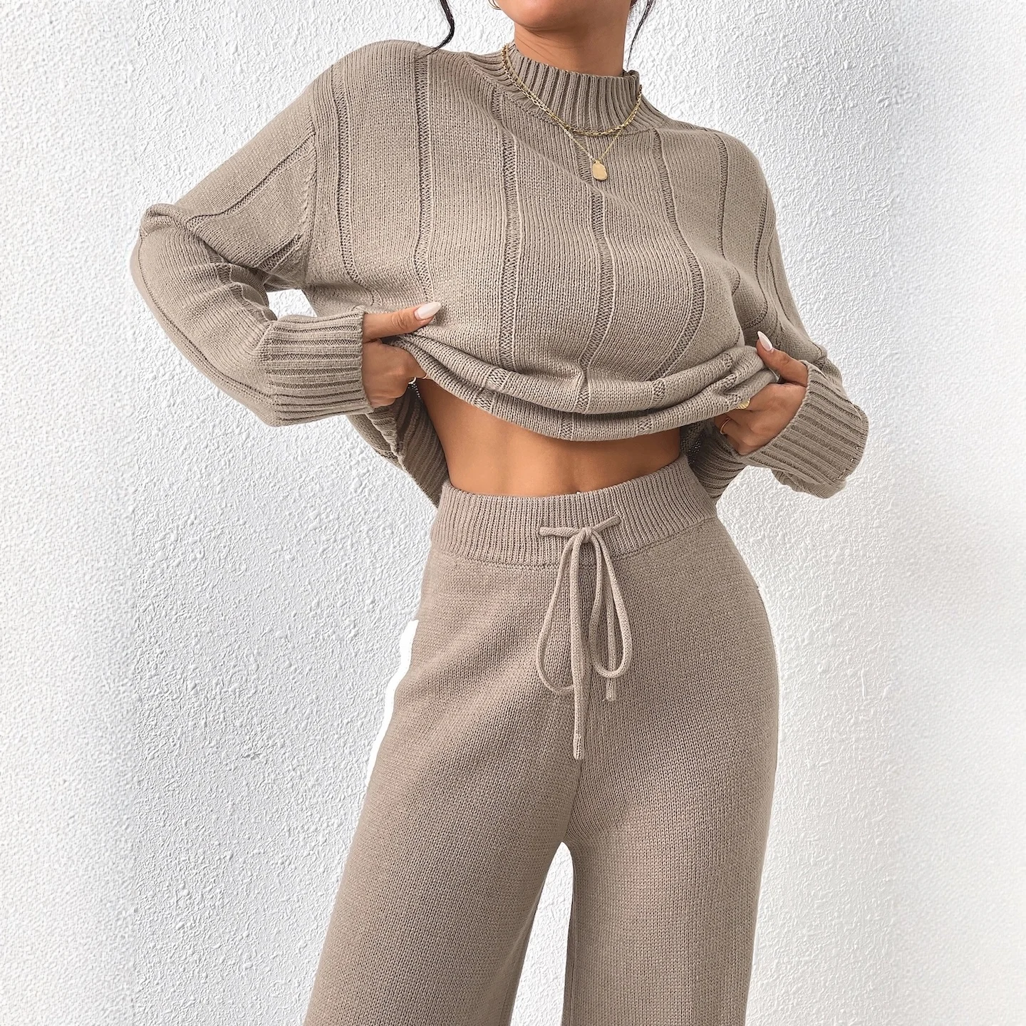 

WXOY Women Casual Knit Tracksuit Lace-Up Ribbed Cardigan Top Female Outfits High Waist Trousers Sets Knitwear Pant