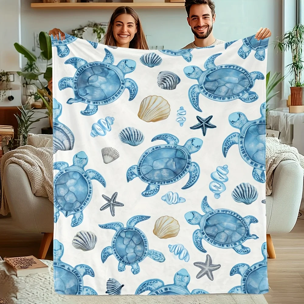 Blue Glowing Heart Sea Turtle Hibiscus Flower Graphic Throw Blanket Dark Underwater Tone Modern Sofa Bedroom Decor Cover