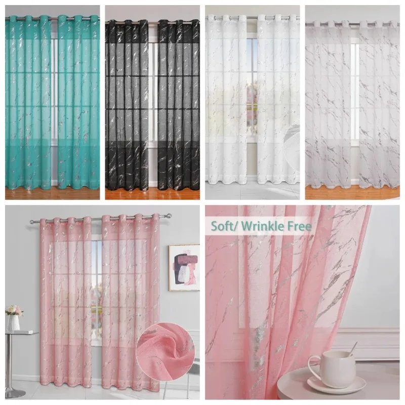 1PC Marble Pattern Sheer Curtain Grommet Top Window Drapes Metallic Bronzing Treatment Panels Living Room Decor Window Curtain