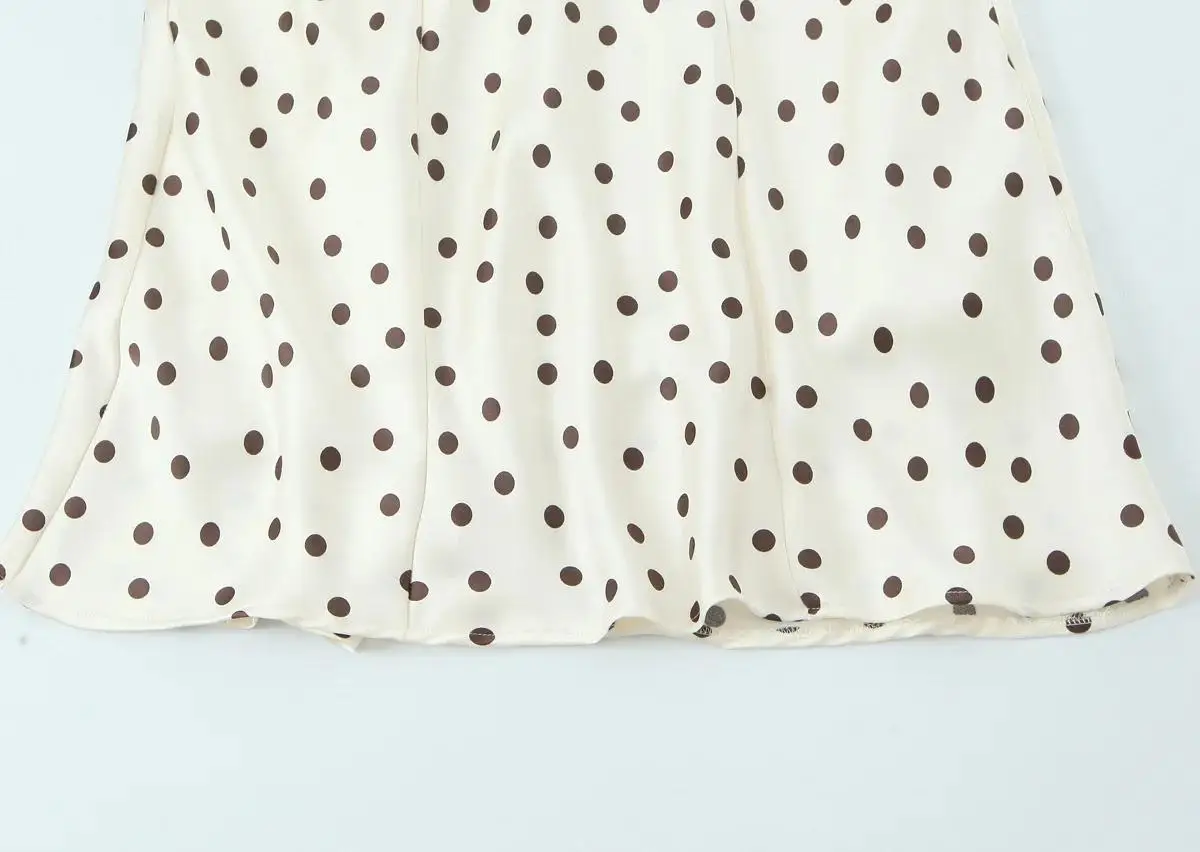 여름 캐미솔 V넥 미디 드레스 여성 백리스 도트 프린트 새틴 드레스 슬리브리스