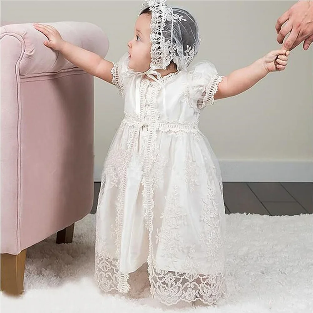 Baby Girl Dress Toddler White Princess Dress Pleated Lace Dresses+hat Baby Cake Sash Outfit Newborn Photoshoot Birthday Gown