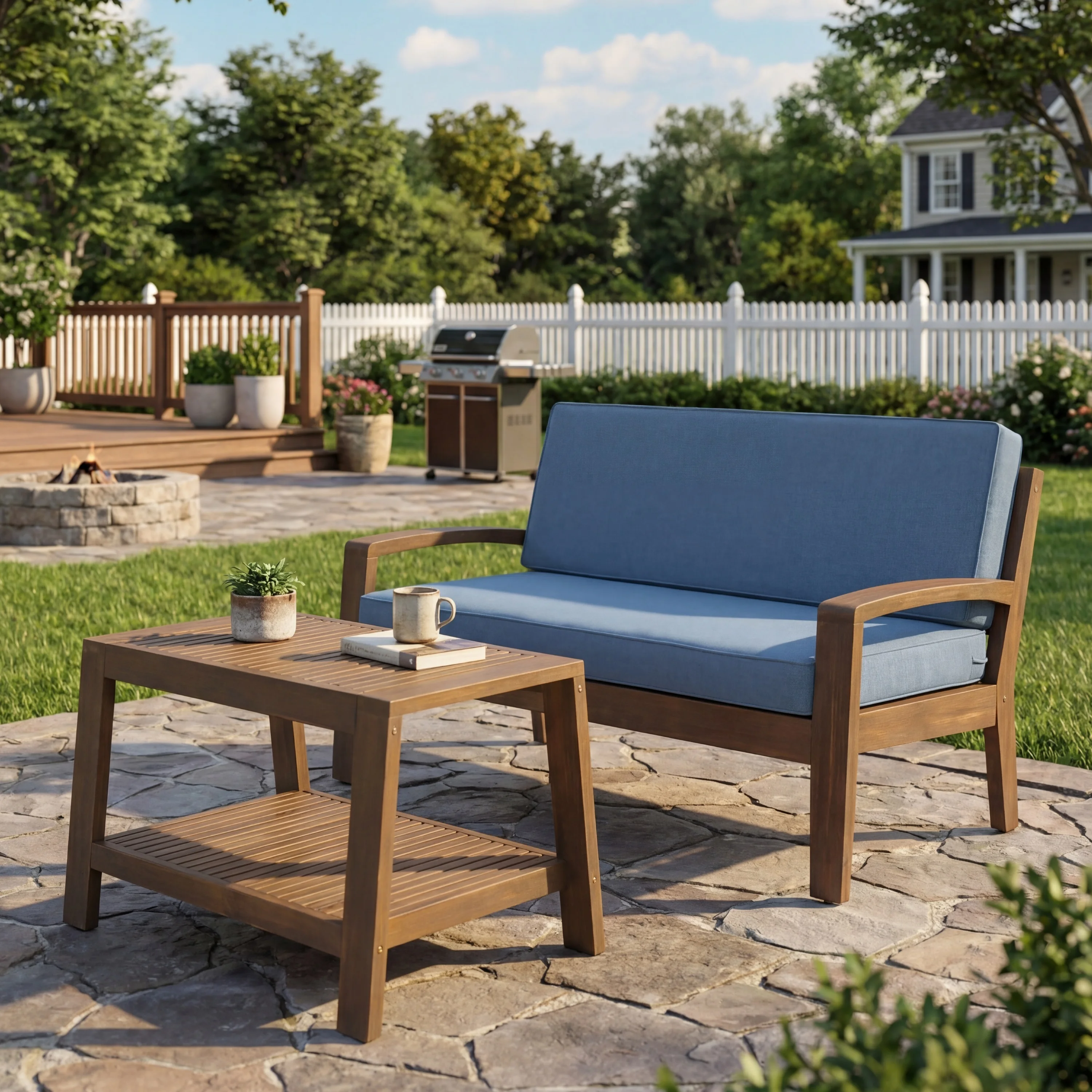 # 2-Piece Modern Outdoor Gray Acacia Wood Sofa Set Loveseat Coffee Table Blue Water-Resistant Cushions 350lbs Capacity Patio Dec