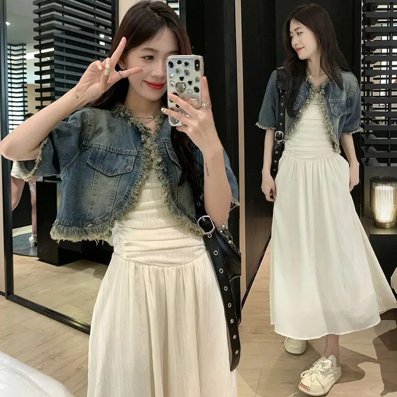 

Elegant Women Dress Set Korean Short Sleeve Demin Jacket Coat + Sleeveless Long Dress 2pc Set New Summer 2024 Women's Outfit