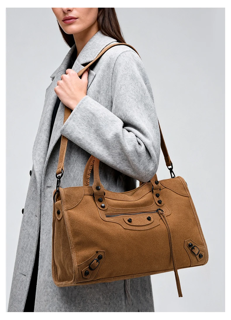 Aidrani Echtes Leder Amerikanische Retro-Wildleder-Handtasche für Damen, Große Motorradtasche, Hochwertige Pendler-Handtasche – Detail 2