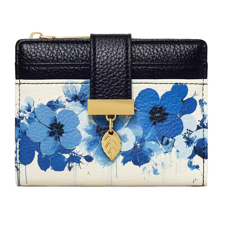 Pomelo Best Women's Small Mini Wallet with Coin Compartment - Short Format Button Closure & Desi Leaf Pendant