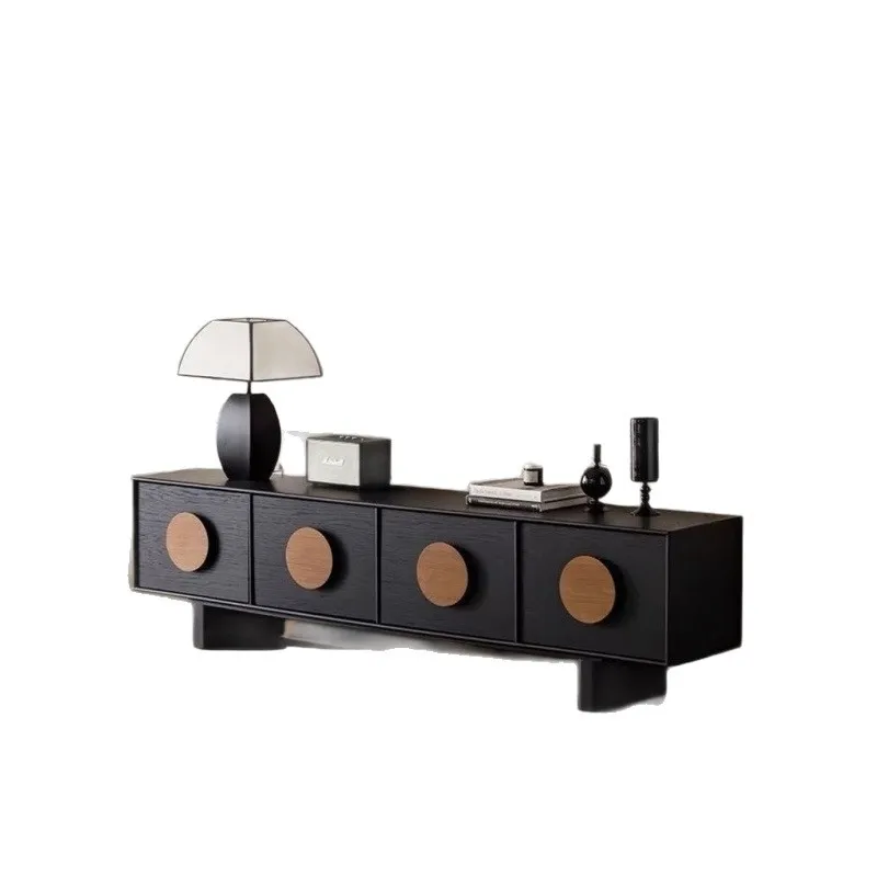 

solid wood TV cabinet bucket cabinet storage French retro modern simple living room high black floor cabinet