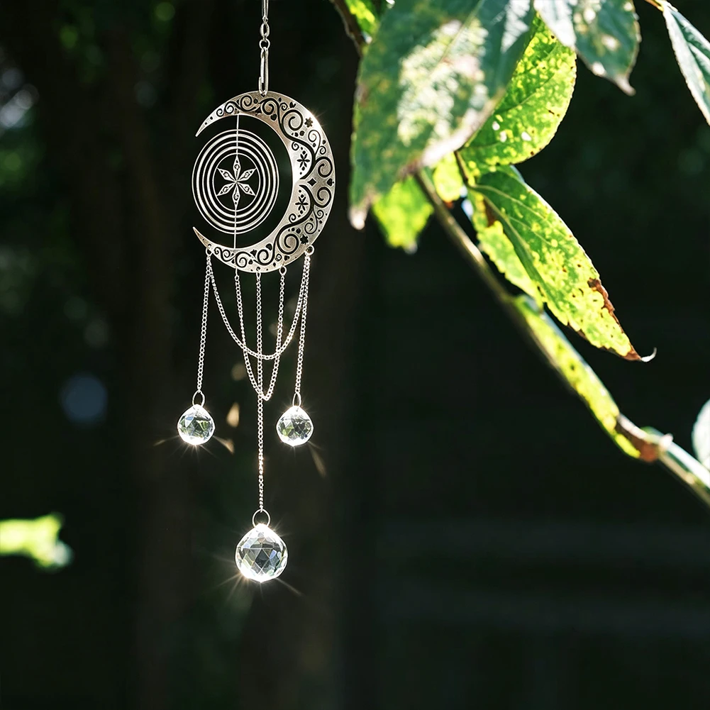 Mystical Celestial Wind Spinner Suncatcher Hanging Snowflake Crescent with Layered Chain Crystal Prisms Ball Boho Window Decor