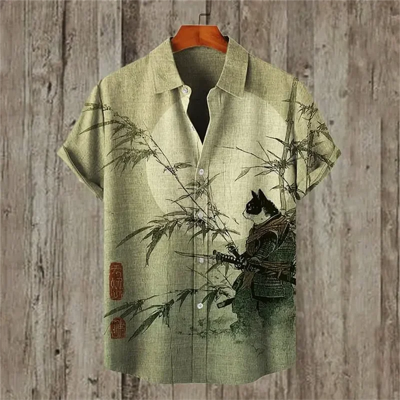 Men's new summer comfortable linen short sleeved shirt 3D fish print bamboo pattern button short sleeved top