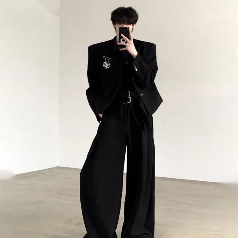 WVGA Spring Autumn New Men Elegance Medal Chinese Style High-End Padded Shoulder Blazer Niche Casual Straight Pants Sets W25635