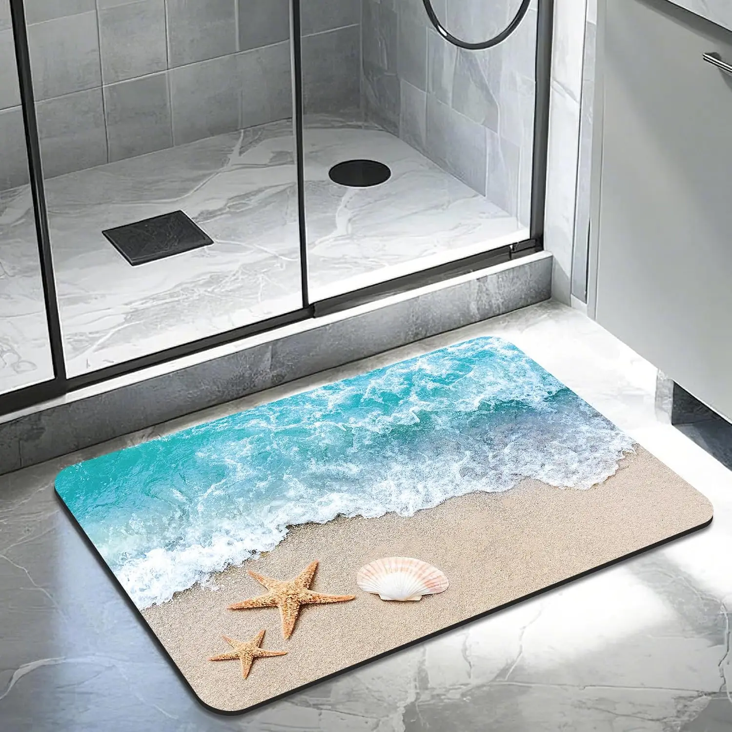 Coastal Beach Ocean Bath Mat Tropical Starfish Shell Rug Waterproof Bathroom Runner Mat Perfect Seaside Home Decor Gift Idea