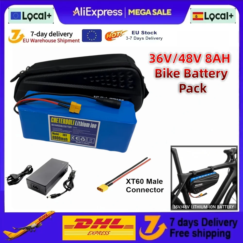 36V/48V 8AH Fahrrad-Akku, Lithium-Ionen-Elektrofahrrad-Akku mit eingebautem Sicherheits-BMS, wasserdichter Schutztasche und Schnellladegerät