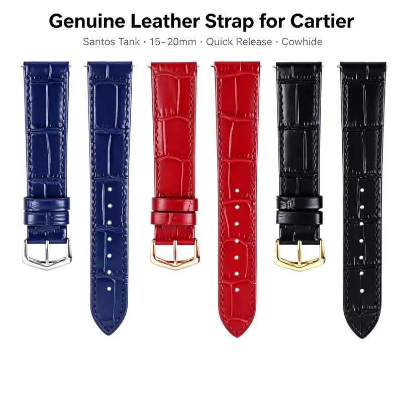 Premium Genuine Leather Strap for Cartier Santos Tank 15-20mm Quick Release Cowhide Crocodile Men Women Replacement Watch Band
