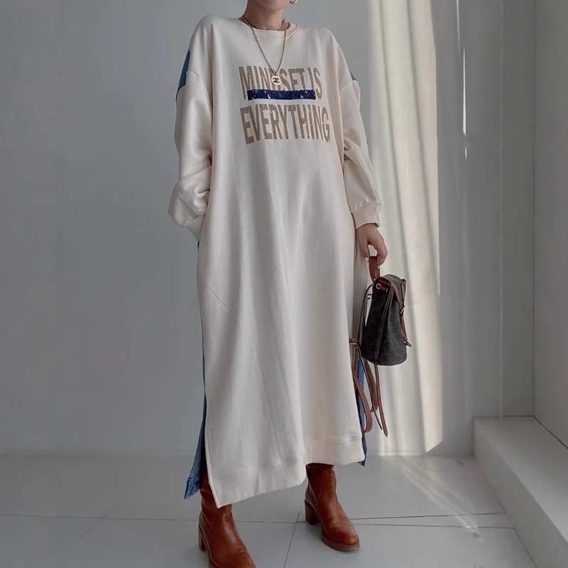 EAEOVNI カジュアルレディースドレスデニムパッチワークデザインレタープリントルーズコントラストカラールーズドレスファッション衣類