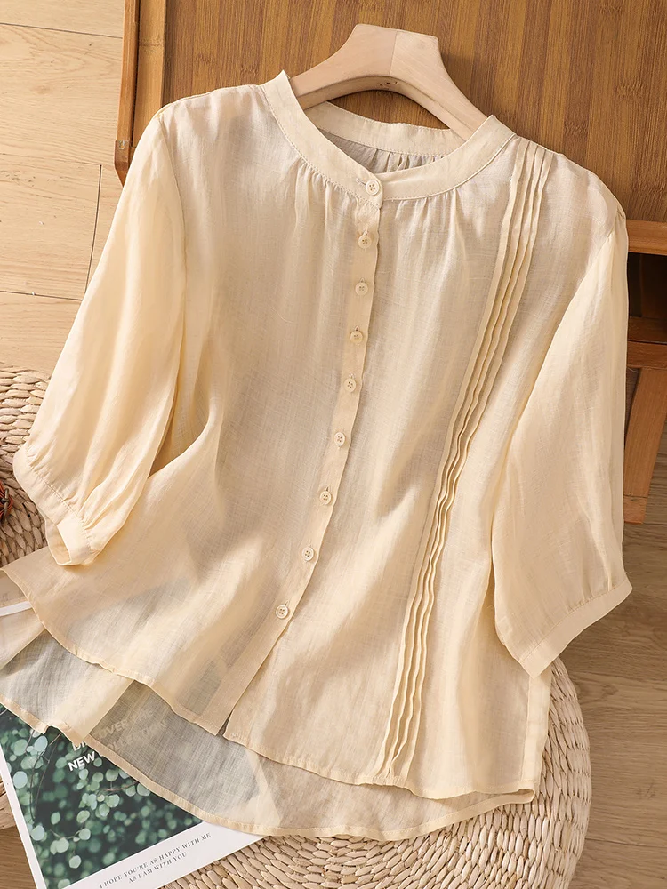 

Lightweight Cotton Linen ort Sve irt Women's Accordion Pleat Stand Collar Artistic Cotton Linen Top Summer Faion