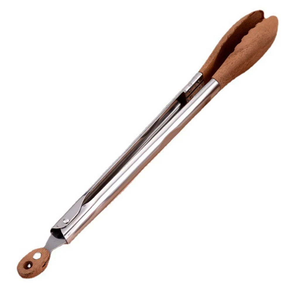 Elegant Walnut Wood Kitchen Utensils 9inch Stainless Steel Tongs Comfortable Grip Compact Storage Locking Mechanism