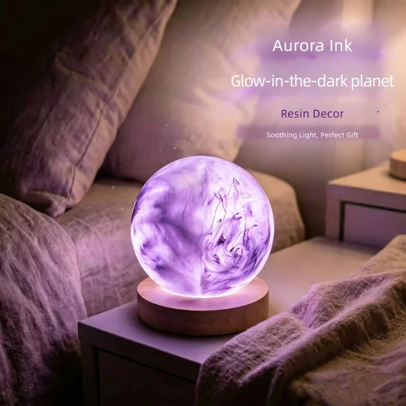 USB Powered Resin Sphere Night Light with Gentle Marbled Decorative Lamp for Bedside Tables, Desks, Shelves, M4YD