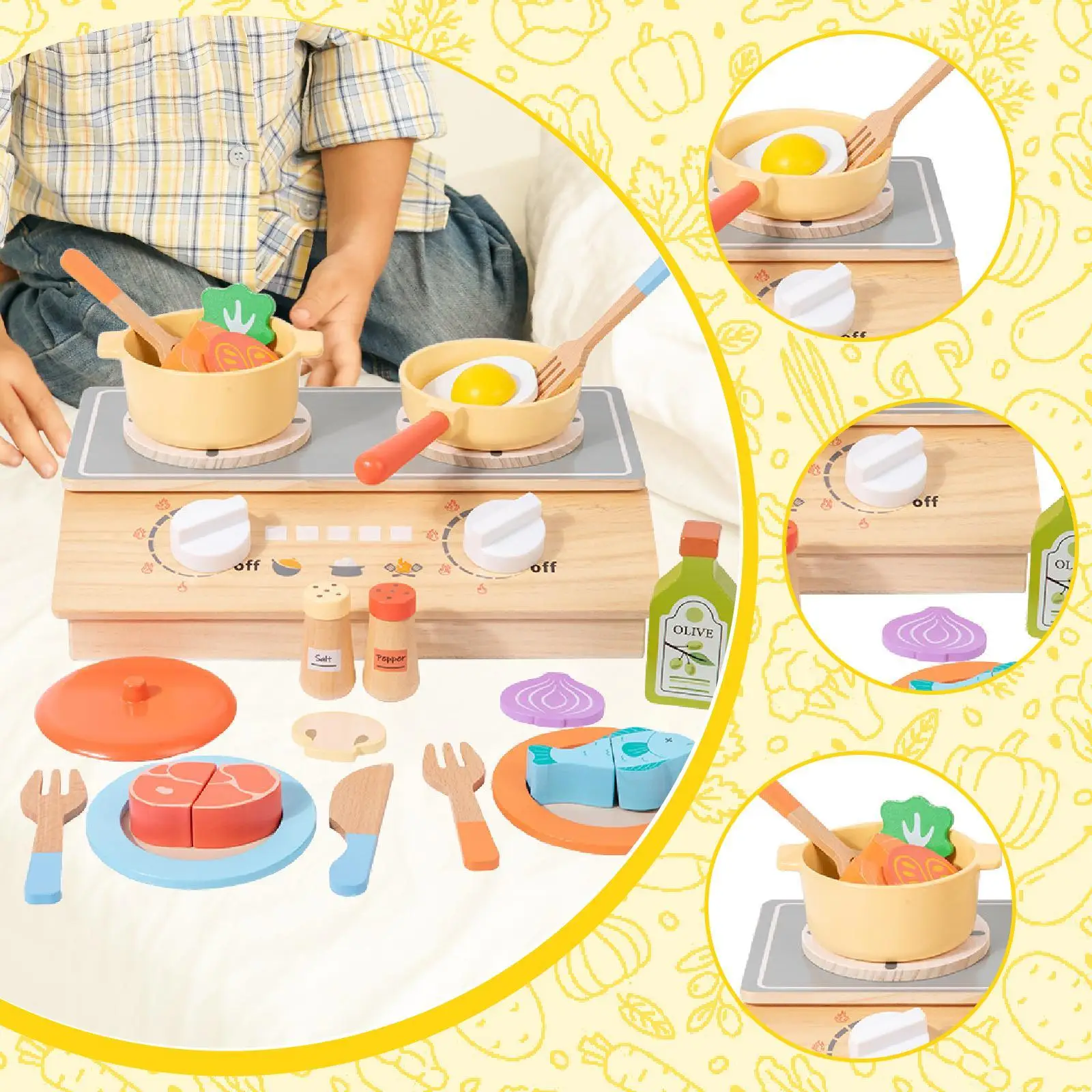 ごっこ遊び キッチンセット シミュレーション 調理 調理器具 おもちゃ 子供用 木製プレイセット 教室パーティー 保育園 イースター用