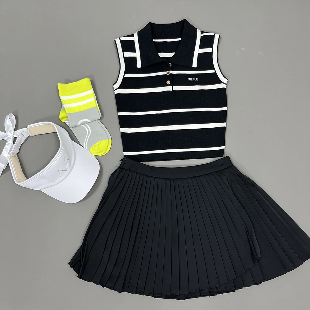 Summer Sleeveless Knitted Fashionable Sports Casual Outdoor Tennis Suit, High-quality Golf Breathable Sweat Wicking Set Skirt