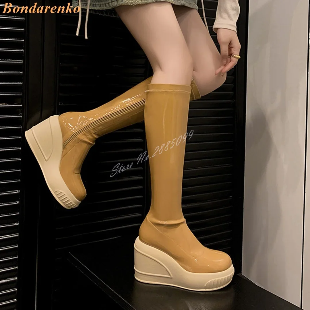 Shiny Leather Thin Boots Round Toe Platform High Wedges Knee High Boots Women Sexy Shoes New Designer Side Zipper Solid Runway