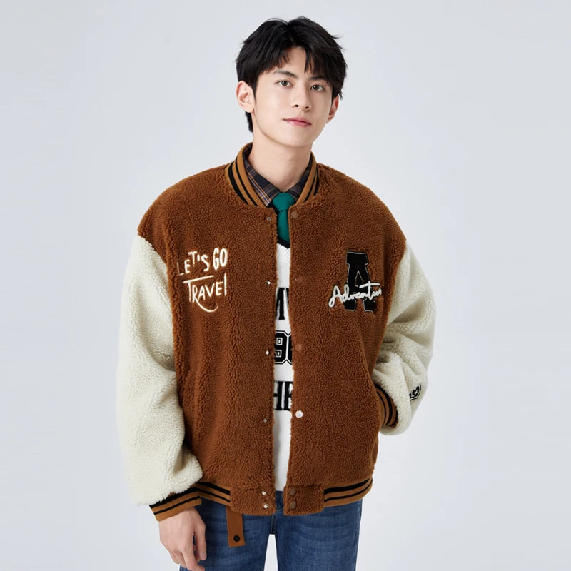 Semir Jacket Men Winter Imitation Lamb Wool Warm Loose Baseball Uniform Fashion Embroidered Contrasted Color Daily Casual Jacket