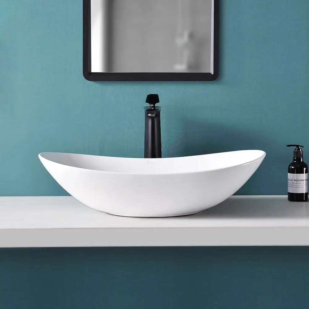 

Large White Ceramic Oval Vessel Sink with Pop-Up Drain, 24x13.8 Inches, Above-Counter Bathroom Sink