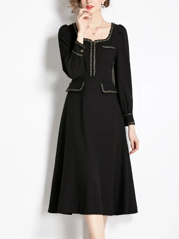 New Black Women Vintage Dress Long Puff Sleeve Square Collar Smock Weave Fringed High Waist A Line Mid Calf Length Vestido