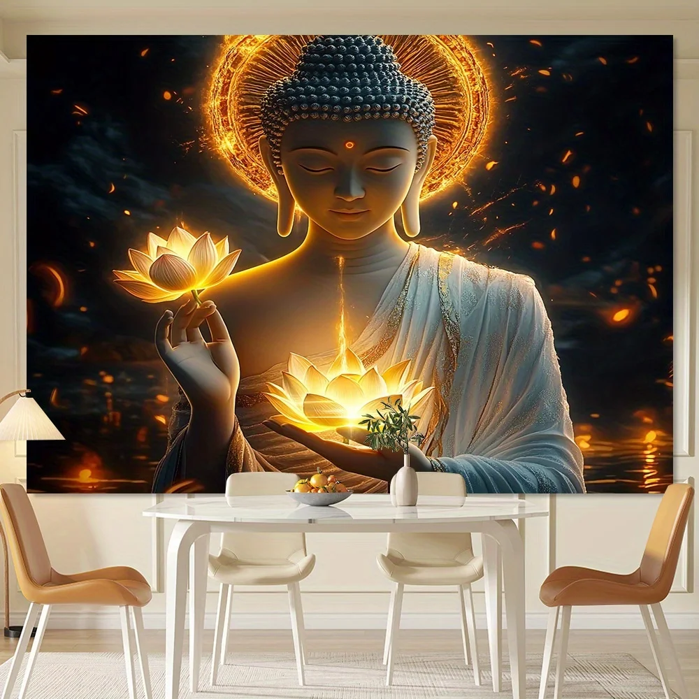 Buddha with Lotus Flower Wall Art Spiritual Meditation Decor Zen Buddhist Painting Peaceful Home Interior Design 2D Flat Print
