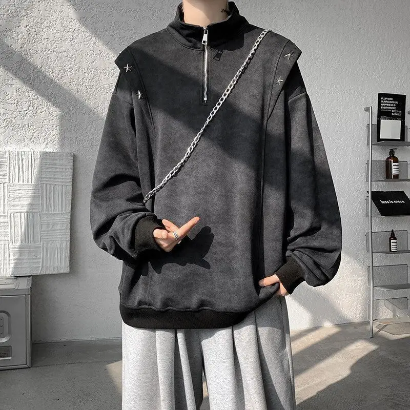 Men's Vintage Tie Dye Half Zip Sweatshirt Star Rivet Stand Collar Deconstructed Pullover Streetwear Y2K Hip Hop Casual Cool Tops