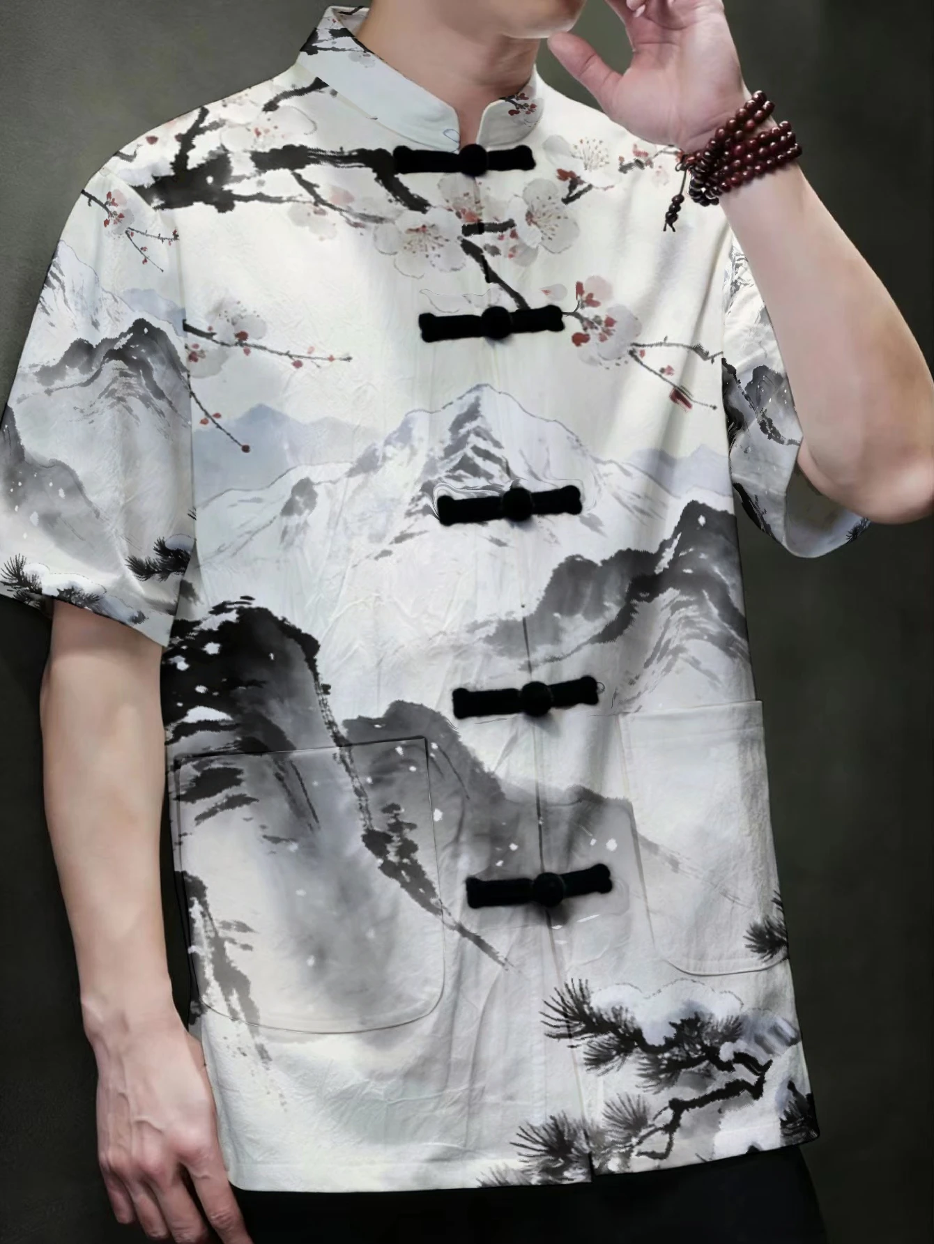 Men Men Traditional Frog Closure Shirt Ink Plum Blossom Mountain Pine Print Stand Collar Lightweight Summer Cultural Outerwear - Aliexpress Deal