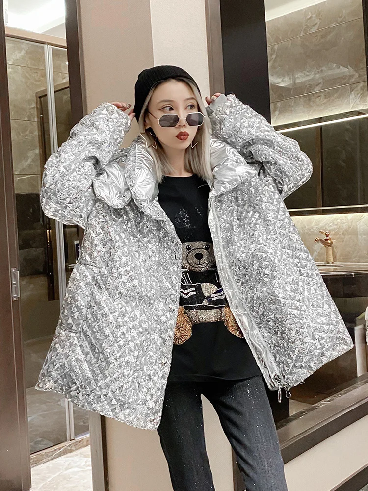 QNPQYX New Short Down Jacket Women's Winter New European station Heavy Industry Sequin Hooded Loose 90% White duck down jacket