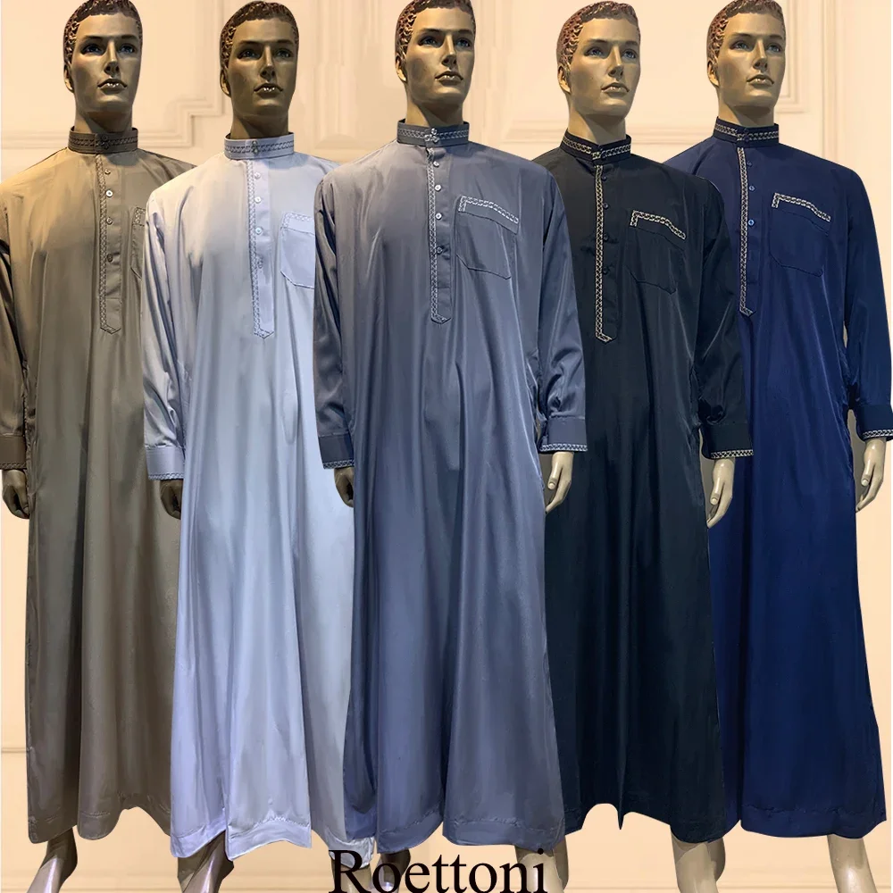 

1 Piece Low Neck Ethnic Shirt Muslim Men's Jubba Thobe Kaftan Prayer Dress Qatar Pakistan Djellaba Islam Cloth Arabic Long Robe