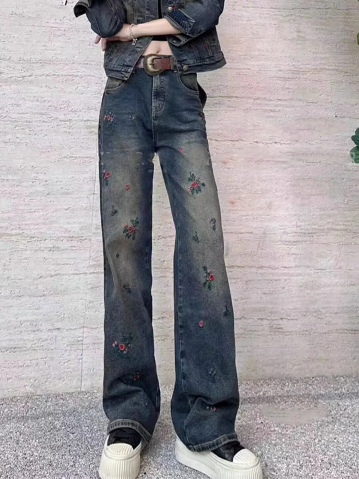 

Fashionable Heavy Embroidery Floral Women's Jeans High Waist Straight Leg Floor Length Wide Leg Pants Cotton Stretch Denim