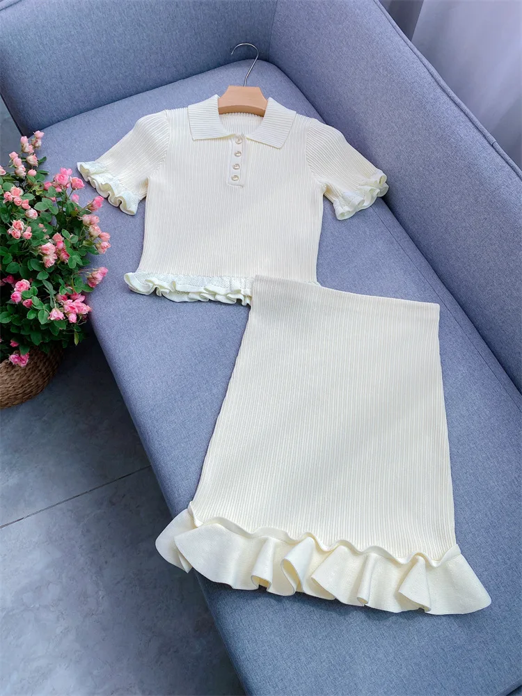 

Solid Knitted Two Piece Set Ruffled For Women Turn Down Collar Short Sleeve Top or High Waist Skirt Short 2025 New Elegant Suit