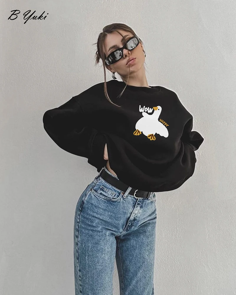 Blessyuki Cartoon Printing Hoodies Women Casual Vintage Thin O-neck Pullover Sweatshirt Streewear Top Korean Harajuku Clothes