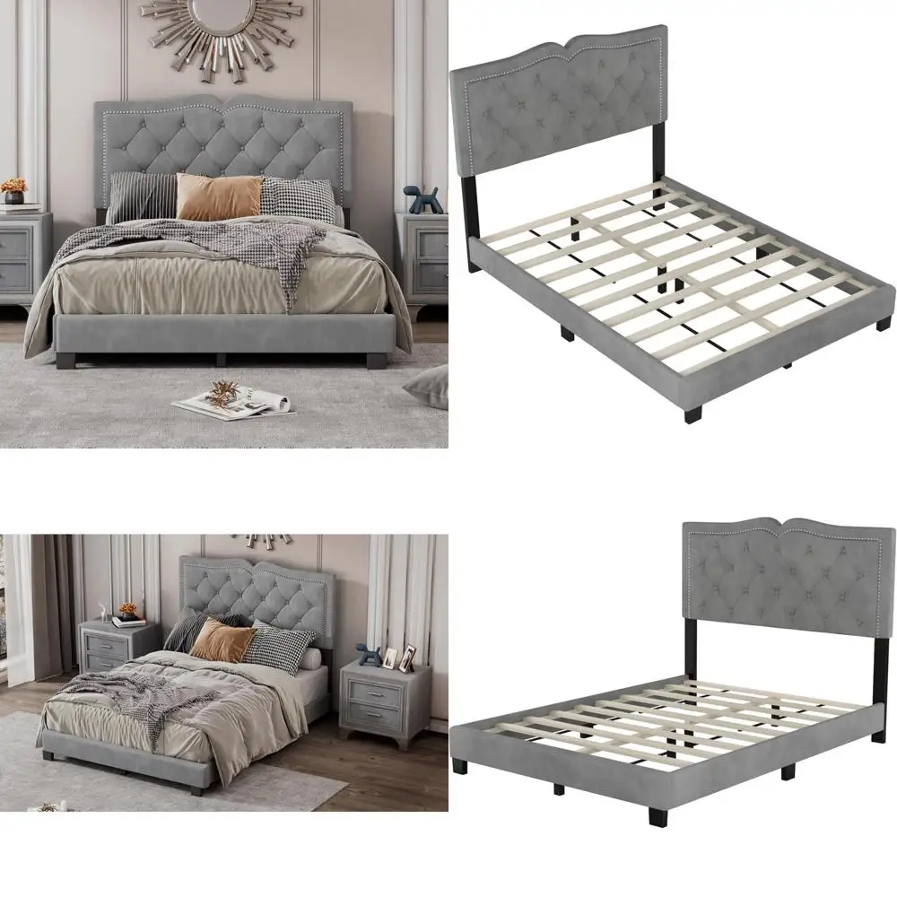 Gray Queen Upholstered Velvet Platform Bed Frame with Tufted Headboard and Rivet Details