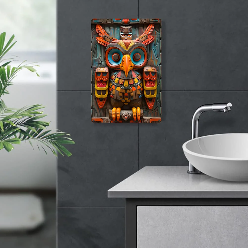 Wall Art - Totem Owl Design, Moisture-Resistant Metal Sign, High Bend Resistance for Home & Garden Decor, Unique 2D Effect