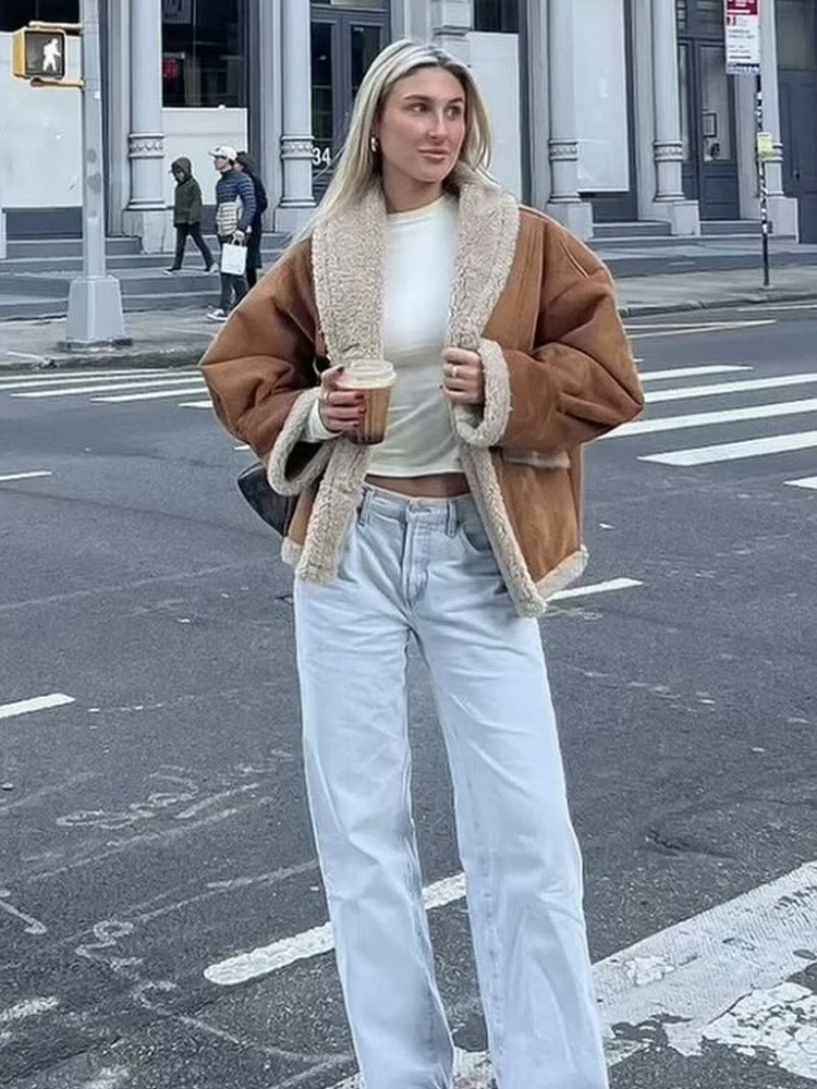 HH 2025 chaqueta de retales de lana de cordero a la moda para mujer, ropa de calle holgada Vintage con cuello vuelto para mujer, abrigo grueso para mujer