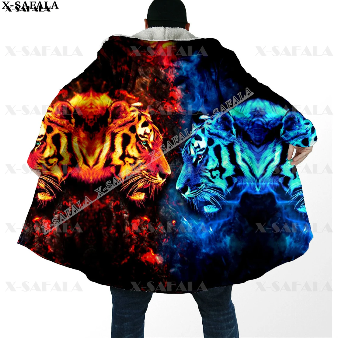 Fire Ice  Tiger Animal Pattern 3D Printed Overcoat Hooded Blanket Coat Cape Robe Fleece Loose Men Female Cloak Windproof